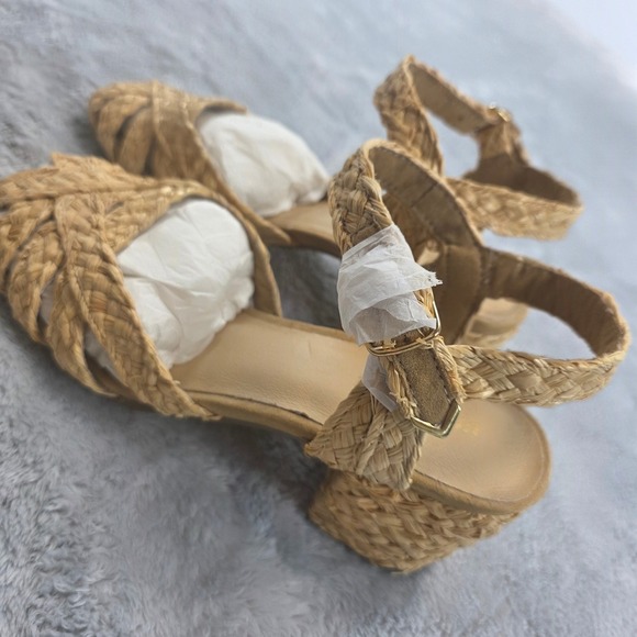 Farylrobin Women 8.5 Tan Block Heel Sandals Woven Raffia Braided Anthropologie - Picture 4 of 9